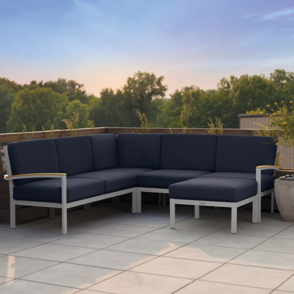 Oxford Garden Travira Modular Loveseat Left – Flint Frame with Midnight Blue Fabric & Natural Tekwood Arm