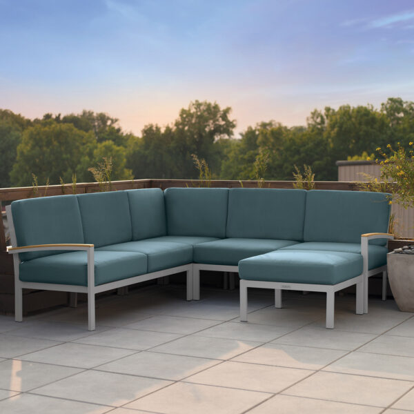 Oxford Garden Travira Modular Loveseat Left – Flint Frame with Ice Blue Fabric & Natural Tekwood Arm