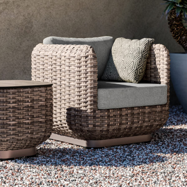 Oxford Garden Nomi Club Chair – Greige & Taupe Frame with Mainstreet Dove Cushions