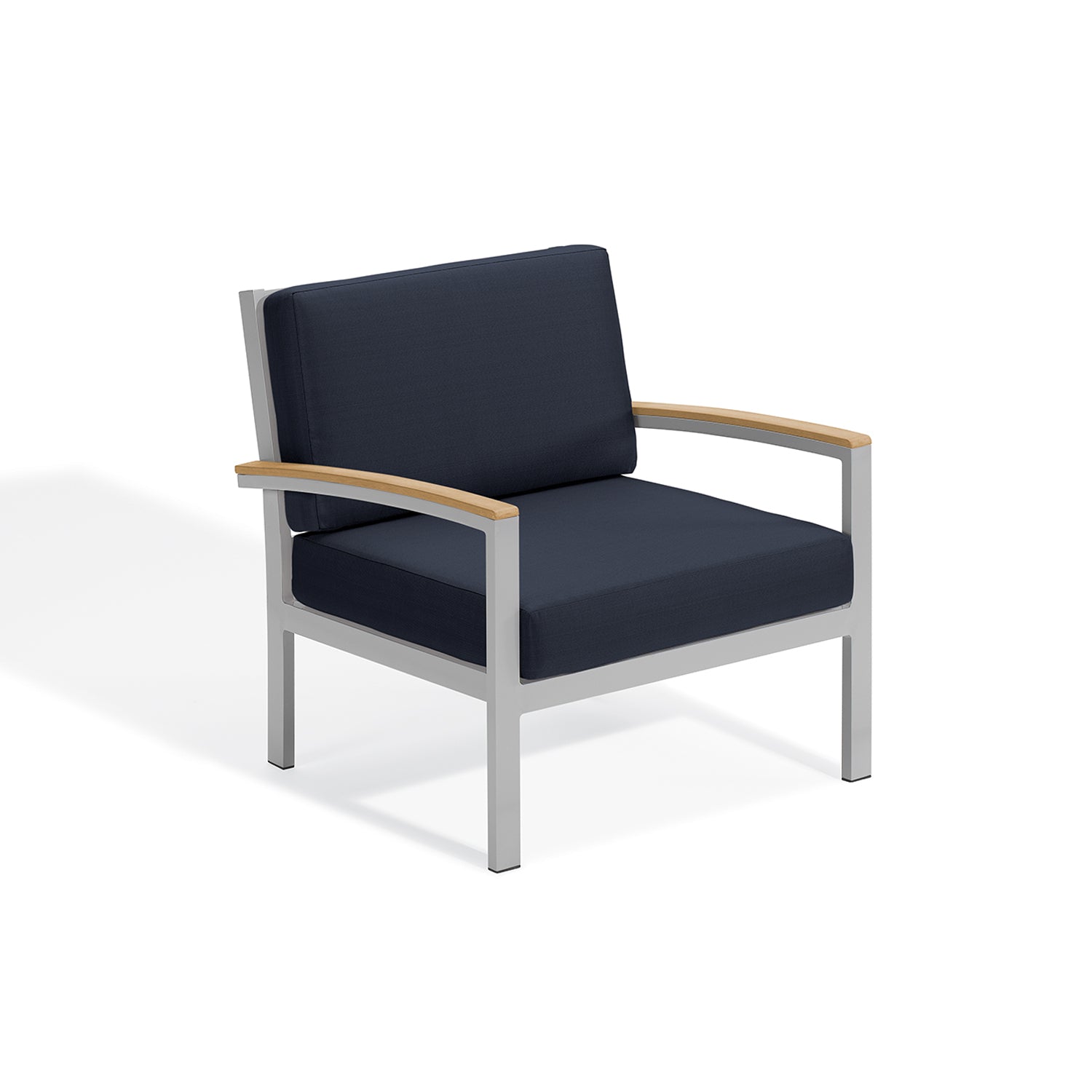 Oxford Garden Travira Cushion Lounge Chair – Flint Frame with Stone, Midnight Blue or Ice Blue Cushions & Natural Tekwood Arms
