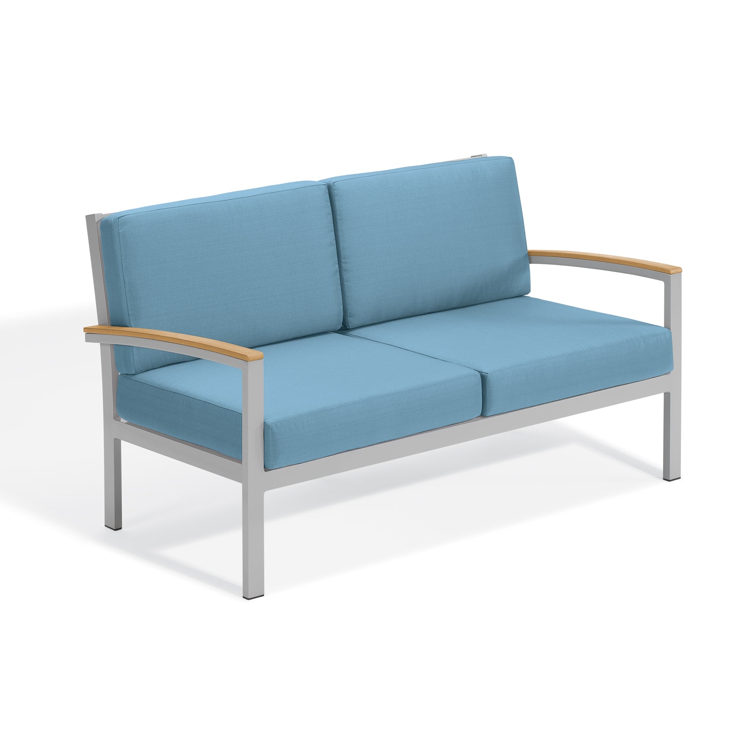 Oxford Garden Travira Cushion Loveseat – Flint Frame with Ice Blue & Natural Tekwood Arms