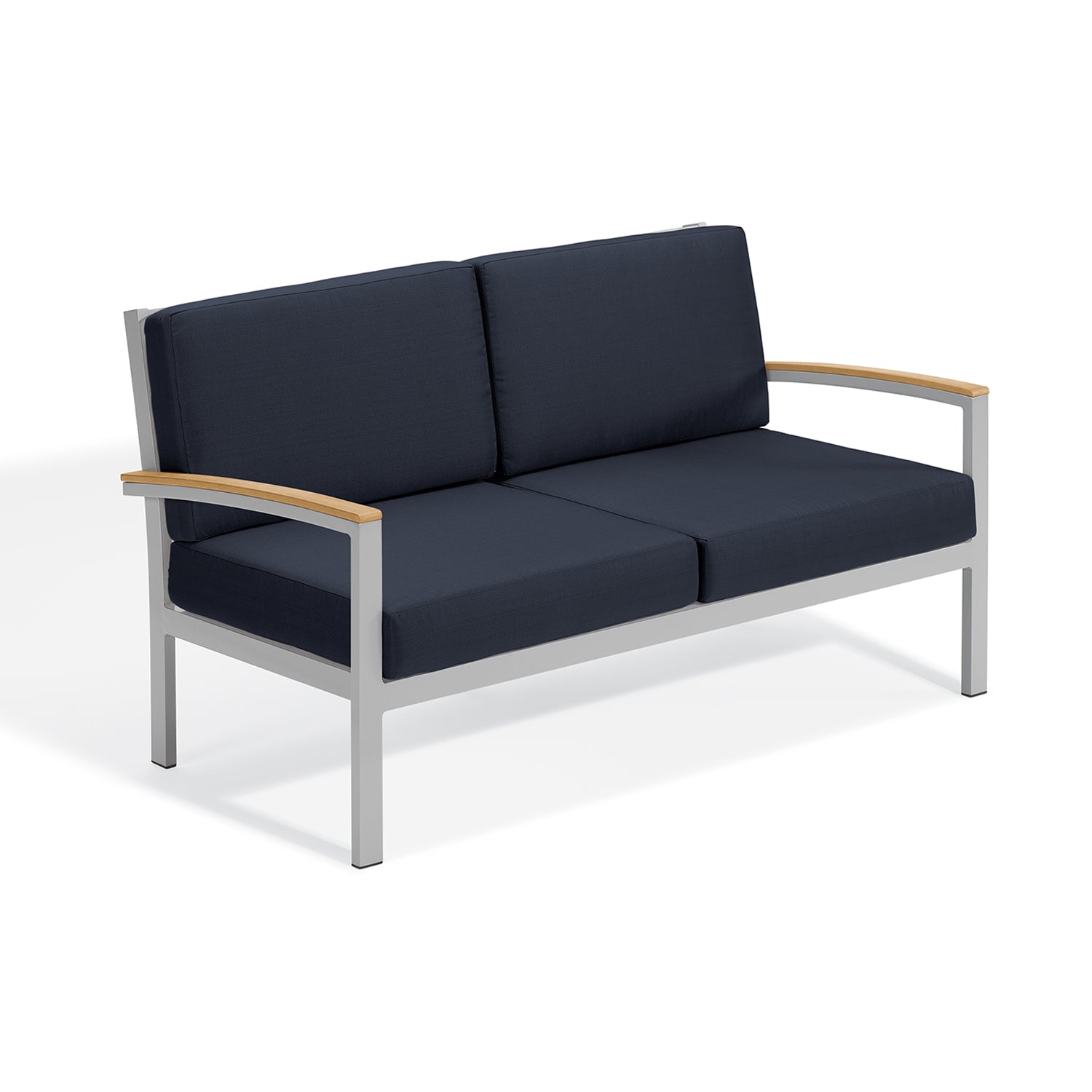 Oxford Garden Travira Cushion Loveseat – Flint Frame with Midnight Blue & Natural Tekwood Arms