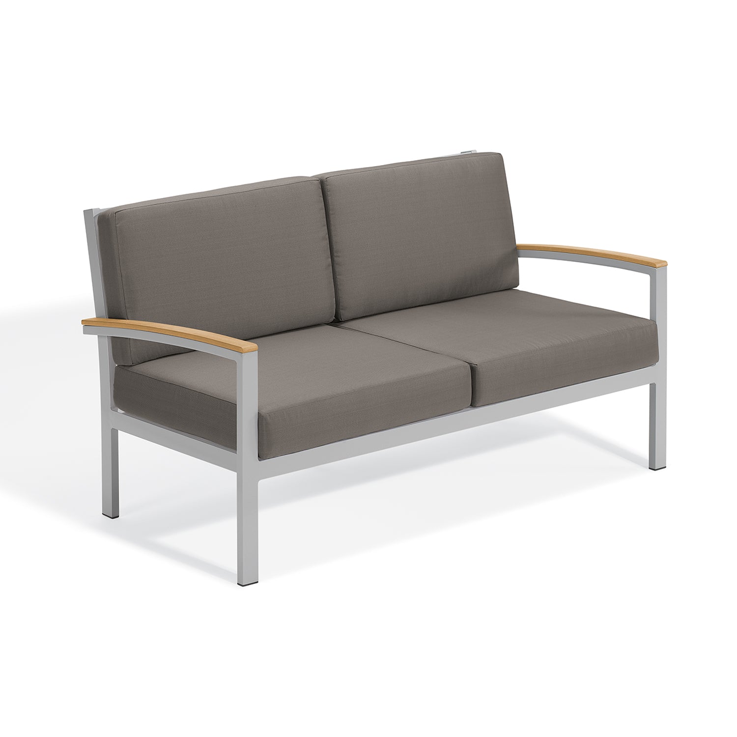 Oxford Garden Travira Cushion Loveseat – Flint Frame with Stone Fabric & Natural Tekwood Arms