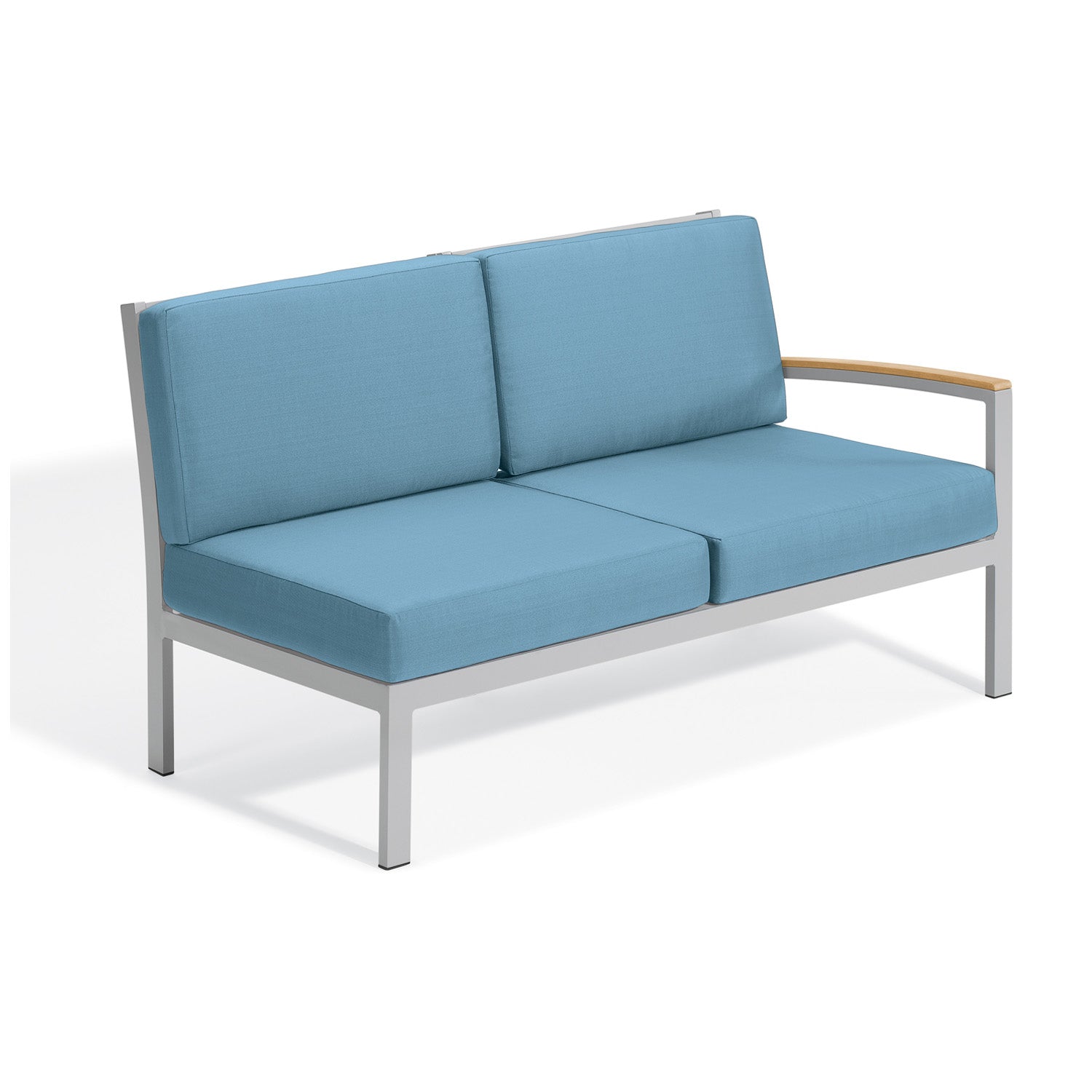 Oxford Garden Travira Modular Loveseat Left – Flint Frame with Ice Blue Fabric & Natural Tekwood Arm