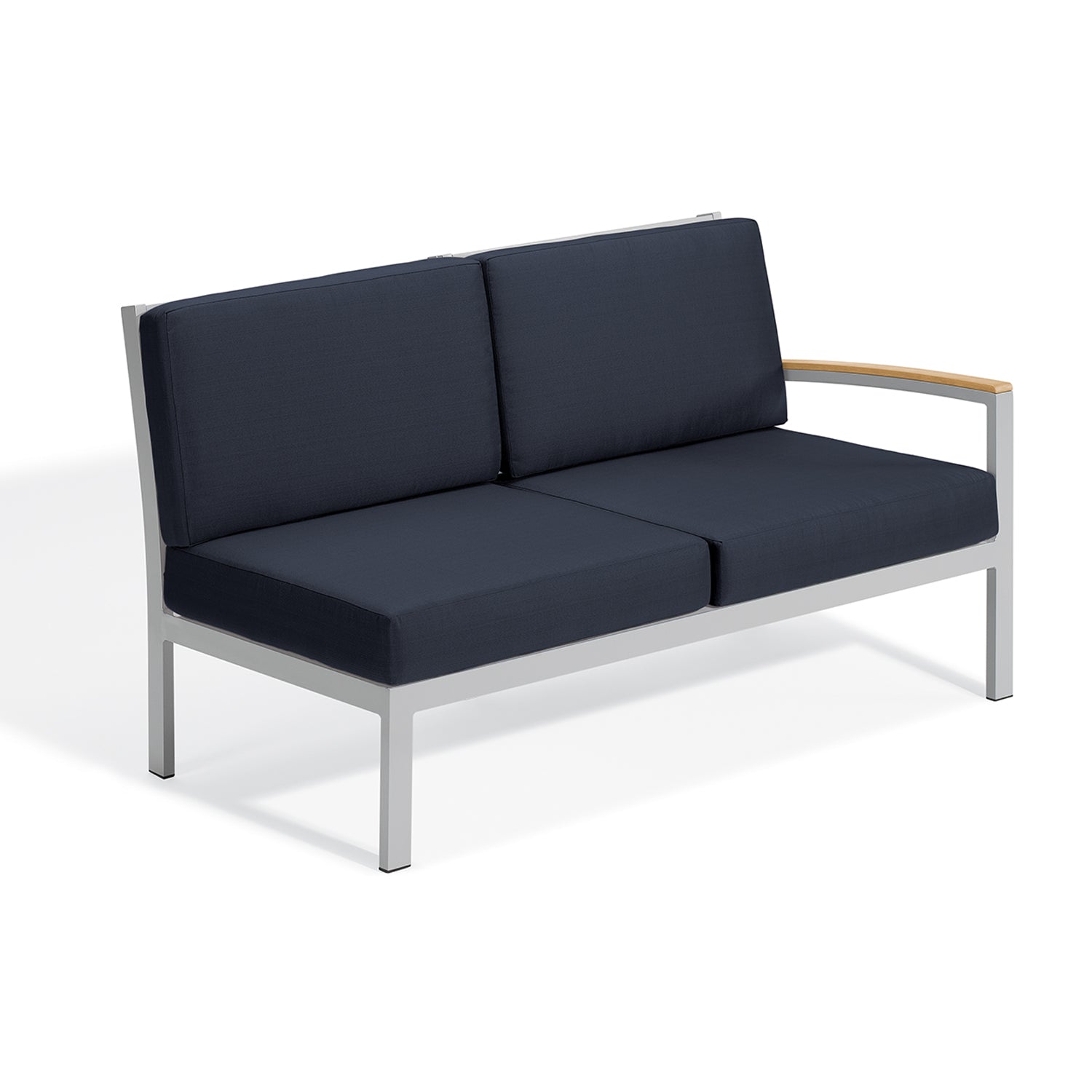 Oxford Garden Travira Modular Loveseat Left – Flint Frame with Midnight Blue Fabric & Natural Tekwood Arm