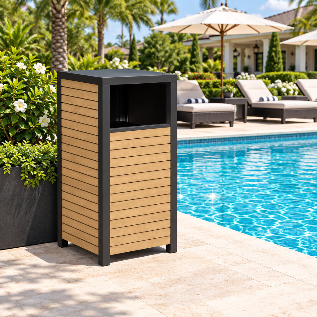 Trash can with black top and wooden slats on a white background