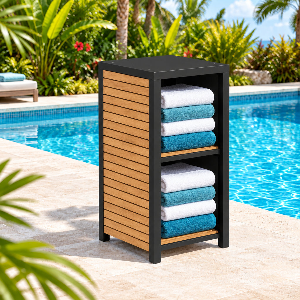 Small storage unit with black frame and wooden slats on a white background