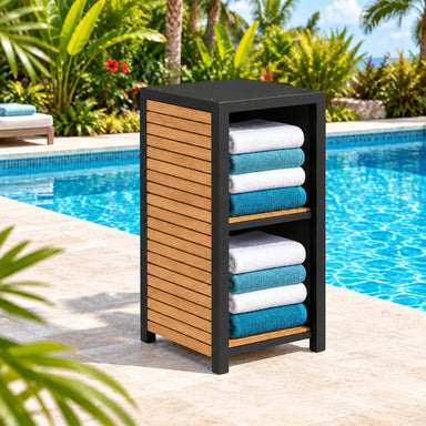 Small storage unit with black frame and wooden slats on a white background