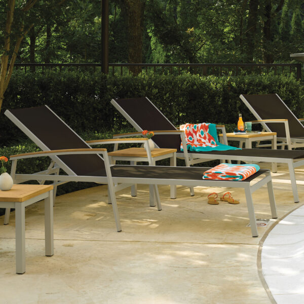 Oxford Garden Travira Sling Chaise Lounge – Flint Frame with Bellows Sling & Natural Tekwood Arm
